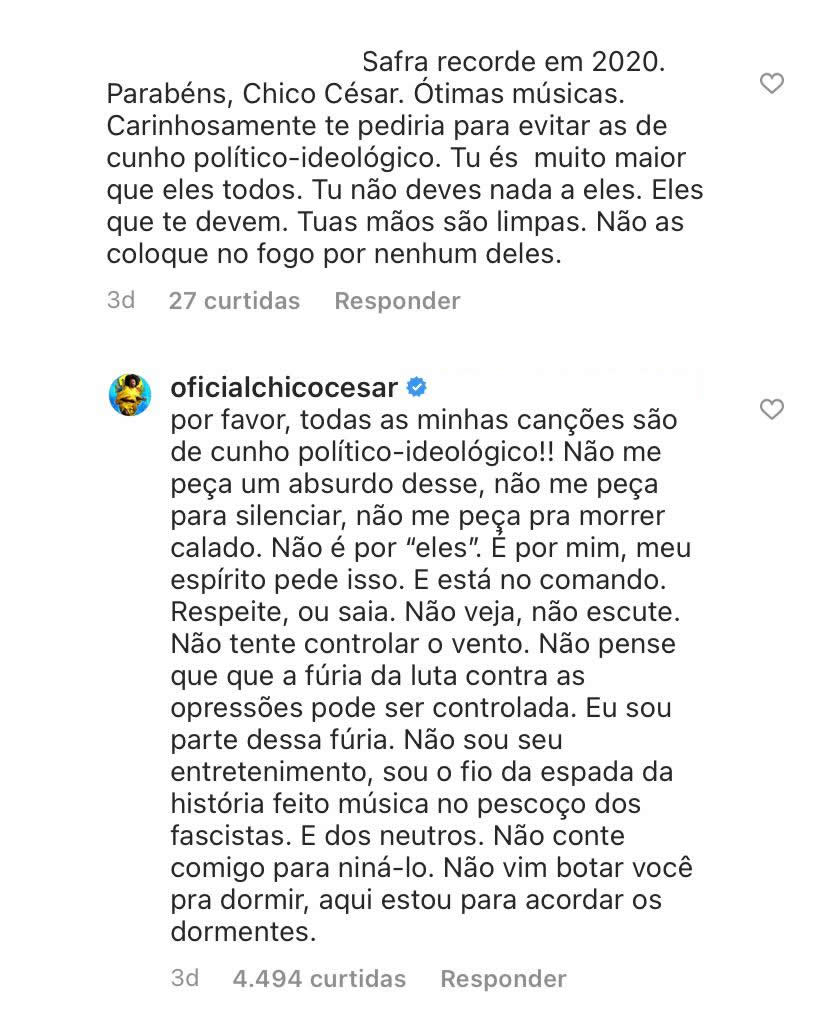 chico cesar instagram Print dos comentários do Instagram de Chico César que estão transcritos na reportagem