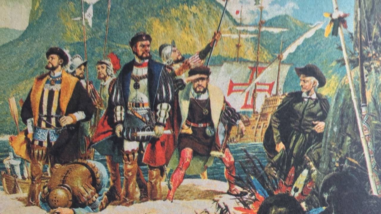 Uma visão idealizada do desembarque de Estácio de Sá na publicidade do "Bank of London & South America Limited para comemorar o IV Centenário em 1965: "a civilização chegou à terra carioca" -