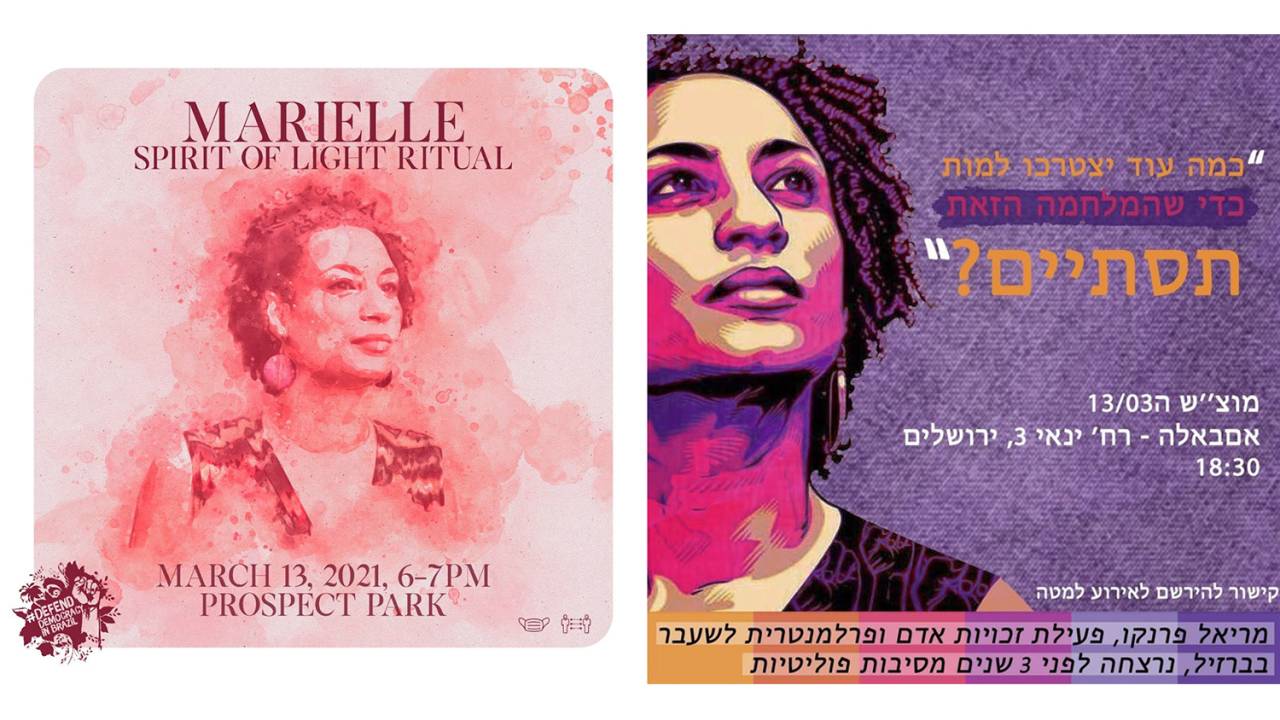 A imagem mostra dois cartazes com homenagens a Marielle Franco