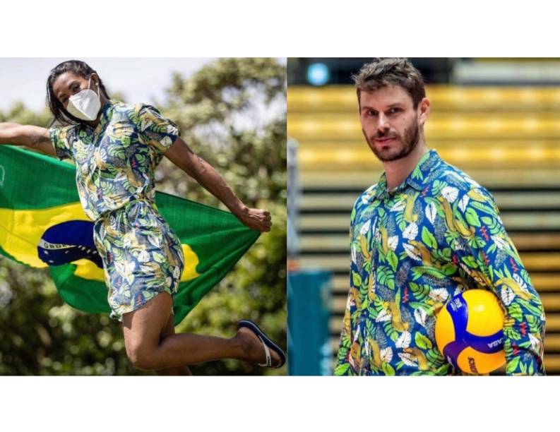 Trajes do Time Brasil no desfile de abertura foram assinados pela marca carioca Wöllner: bermuda de sarja e camisa com estampa tropical para Bruno Rezende e vestido com motivos tropicais para Ketleyn. Nos pés, sandálias havaianas. Trajes do Time Brasil no desfile de abertura foram assinados pela marca carioca Wöllner: bermuda de sarja e camisa com estampa tropical para Bruno Rezende e vestido com motivos tropicais para Ketleyn. Nos pés, sandálias havaianas.