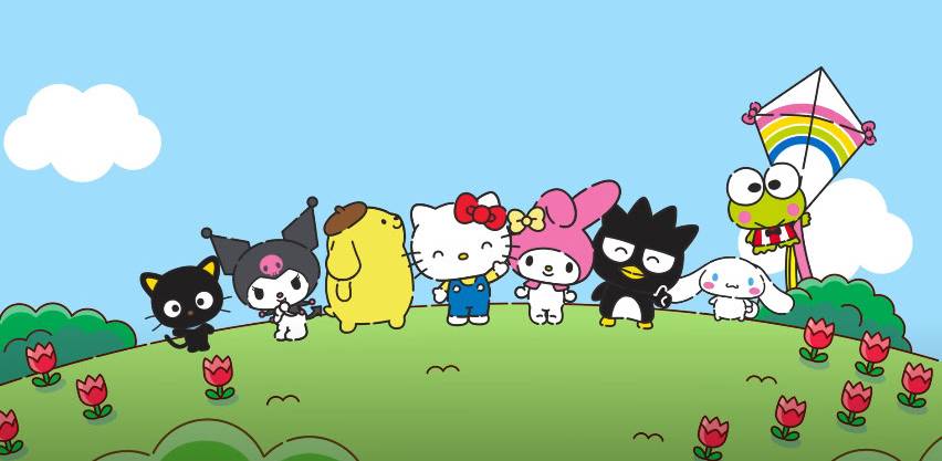 Hello Kitty Ilustração mostra Hello Kitty e seus amigos num fundo florido