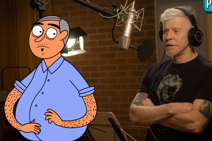Miguel Falabella gravando voz em estúdio com a animação que ele dubla ao lado