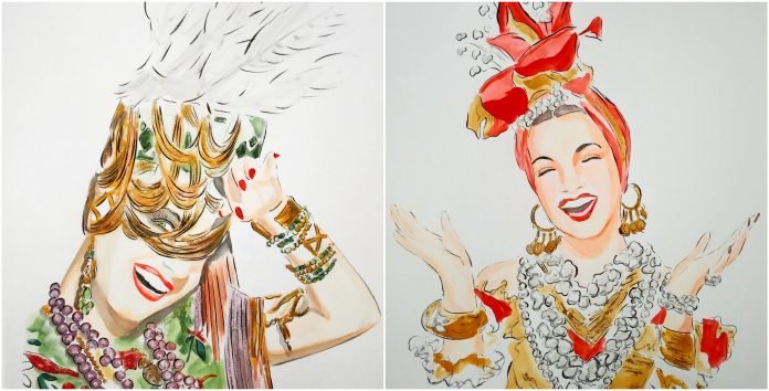 Duas pinturas em aquarela retratam a cantora Carmen Miranda