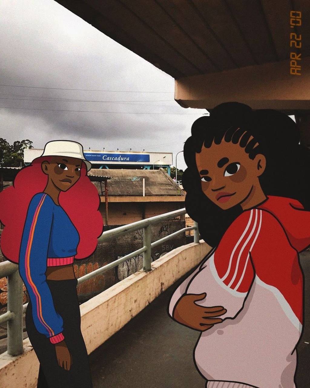 Estação de Cascadura Foto e ilustração de Amora Moreira de duas meninas na estação de Cascadura