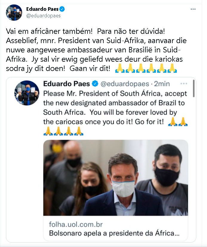 Paes implora a líder da África do Sul: ‘Aceita o Crivella, e serás amado pelos cariocas’