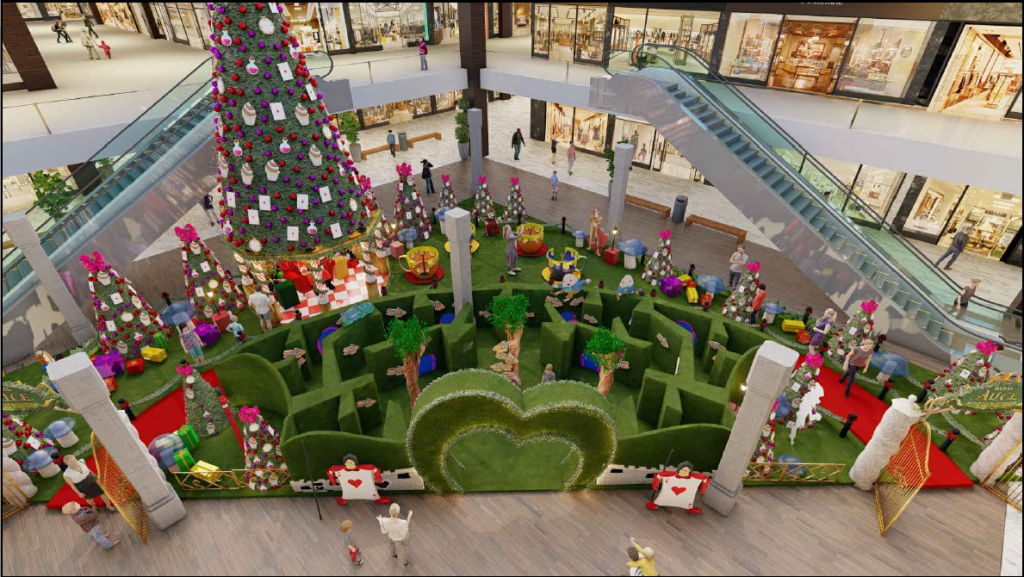 Natal Alice Madureira Shopping (1) Foto mostra decoração natalina sobre Alice no País das Maravilhas em shopping