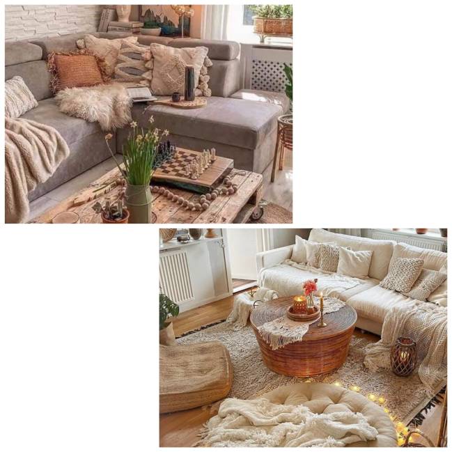 Manta As imagens mostram sofas e puffs com mantas e almofadas.