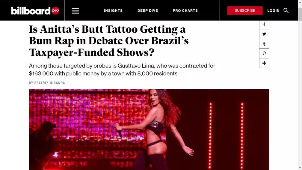 billboard Cabeçalho da revista Billboard, com uma foto de Anitta dançando no palco e o título: