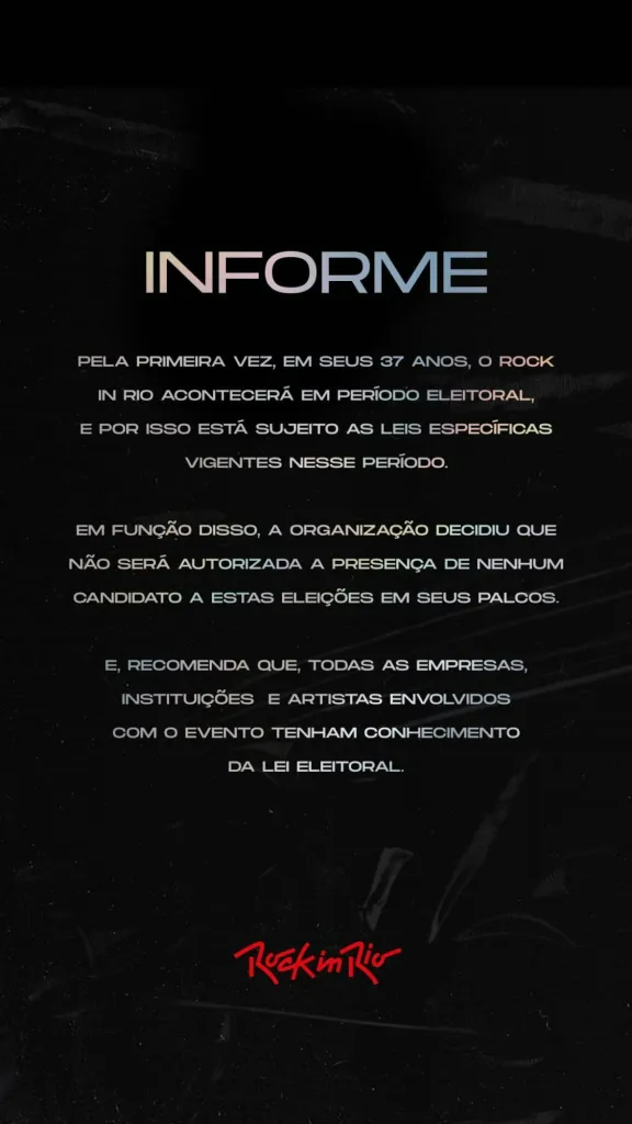 Comunicado em fundo preto sobre o Rock in Rio.