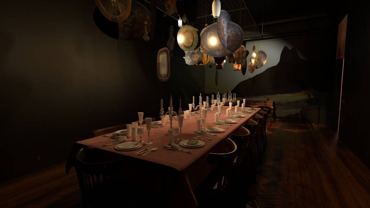 Sala de jantar com objetos sobre a mesa e no teto