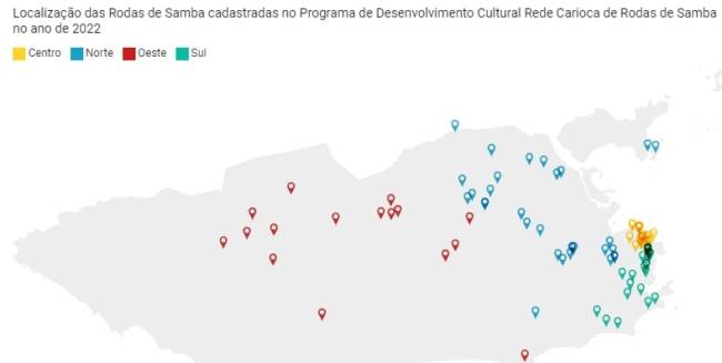 Mapa das rodas espalhadas pela cidade, com uma cor para cada região