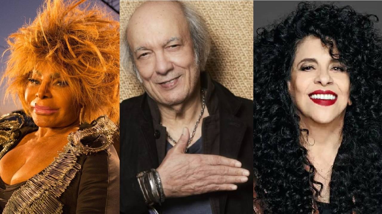 Montagem com os rostos dos artistas. A partir da esquerda: Elza Soares, Erasmo Carlos e Gal Costa.