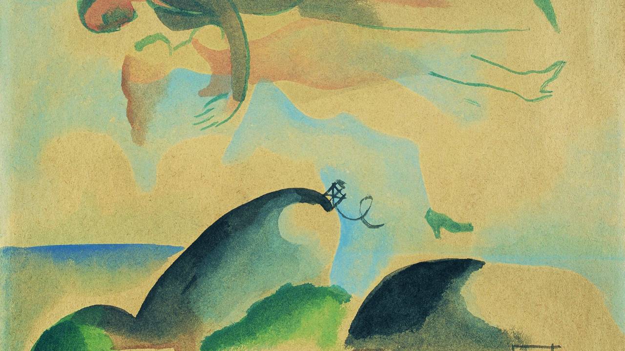 A aquarela Baía de Guanabara, com um casal "voando" no alto da tela e o Pão de Açúcar e a Baía de Guanabara abaixo