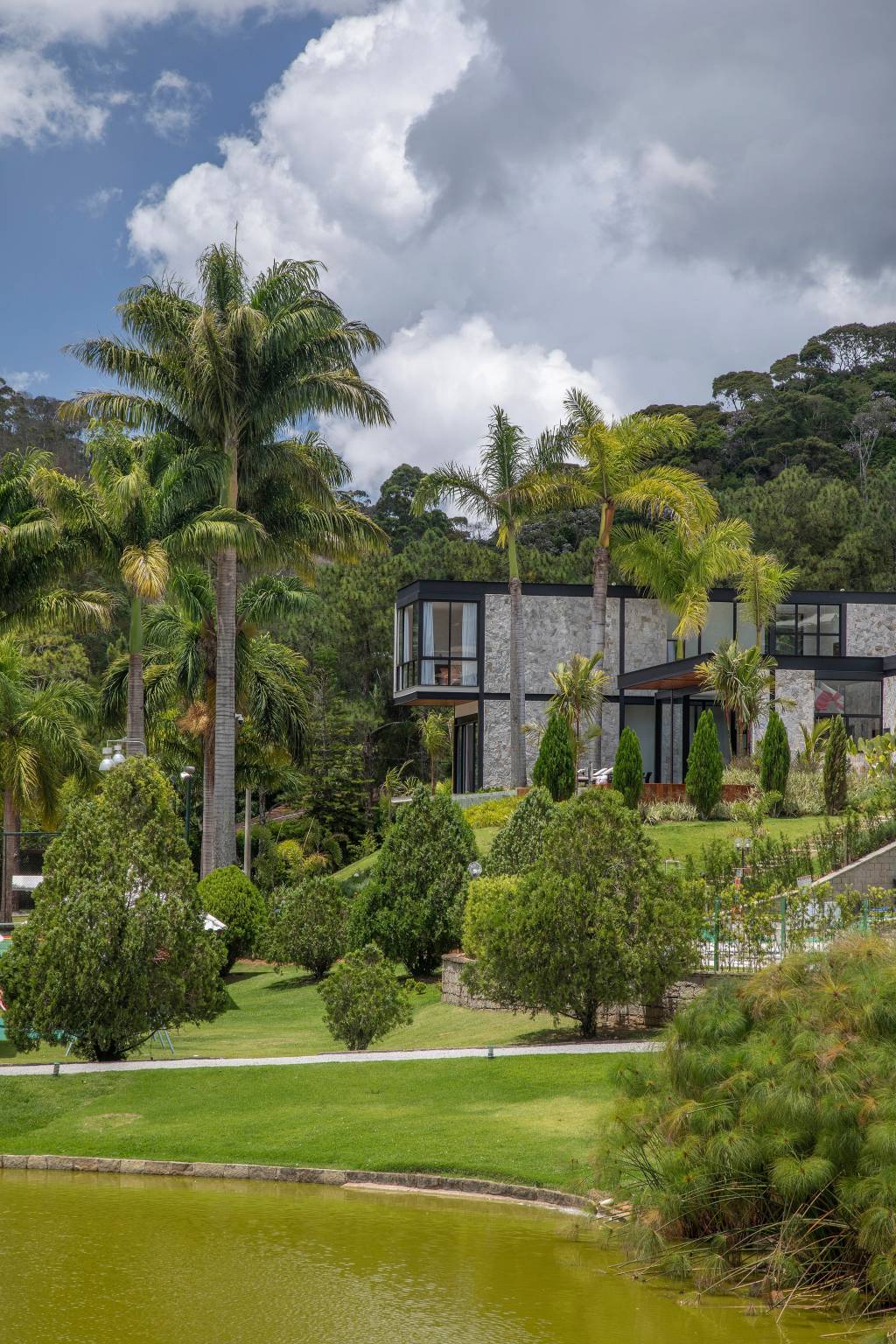 Casa no topo da montanha fica em meio a palmeiras imperiais gigantes