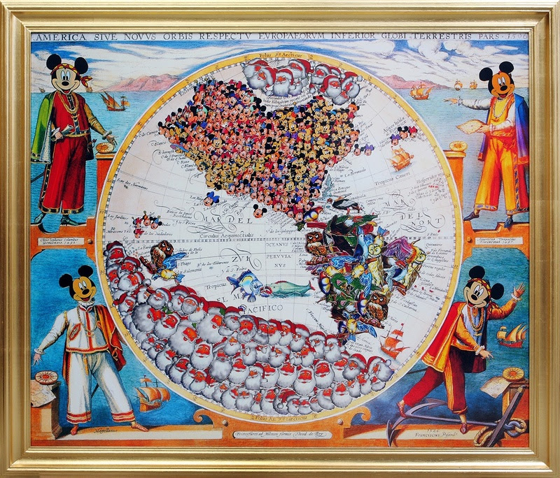 Mapa da série Assim é... Se Lhe Parece, artista Nelson Leirner, com diversos bonecos do Mickey colados sobre um mapa e papais noéis colados sobre outro, além de quatro Mickeys, um em cada canto da tela.