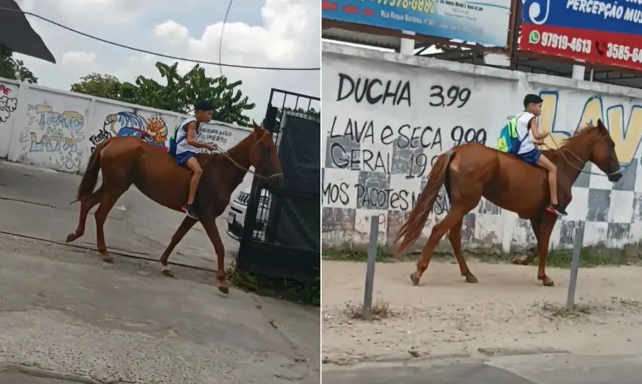 Transporte pitoresco: menino faz sucesso ao ir para a escola a cavalo
