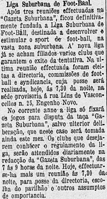 Liga suburbana Matéria do jornal O Paiz, do dia 7 de maio de 1916, elogiando a Liga Suburbana de Futerbol.