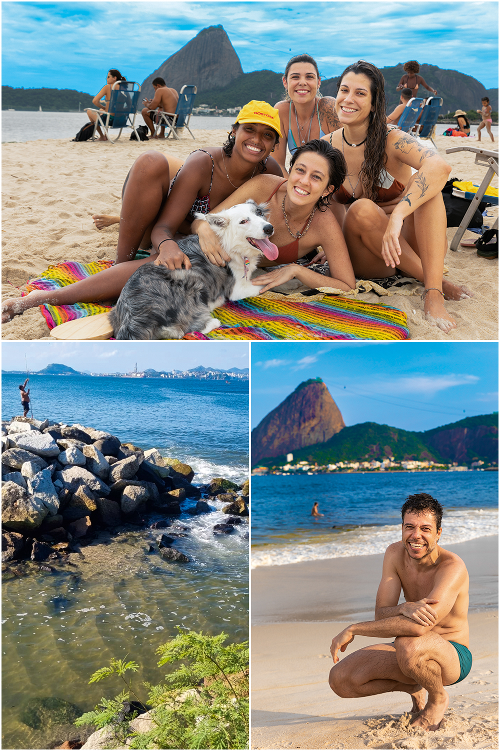 As amigas Patrícia, Aline, Ivana e Thaylla (acima) e o músico João Cavalcanti (à dir.) curtem um dia de praia no Flamengo: os índices de balneabilidade começaram a melhorar desde que o esgoto que jorrava pela foz do Rio Carioca (abaixo) foi desviado em direção ao emissário submarino de Ipanema