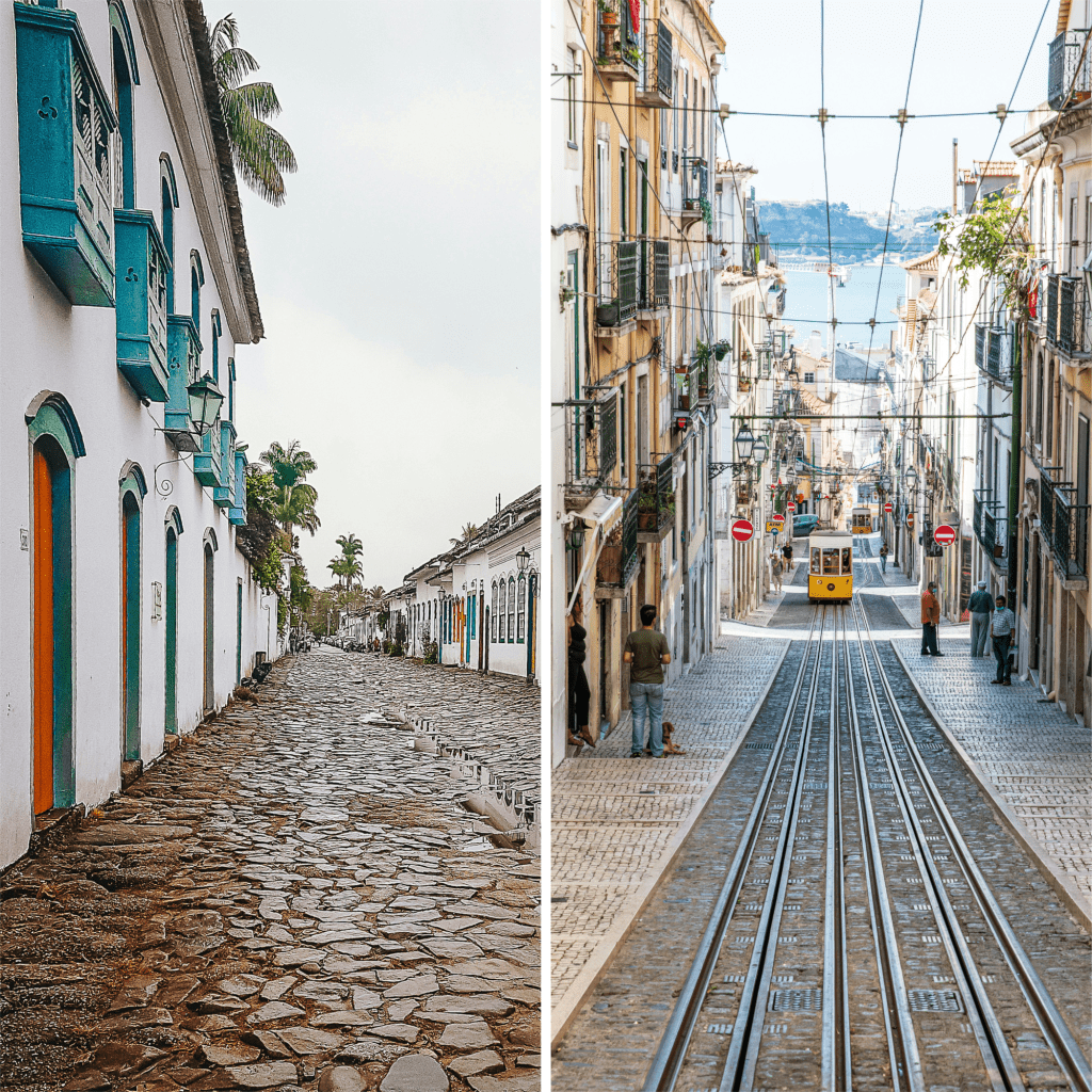 Cidade de Paraty, no Rio de Janeiro, à esquerda. Lisboa, capital de Portugal, à direita.