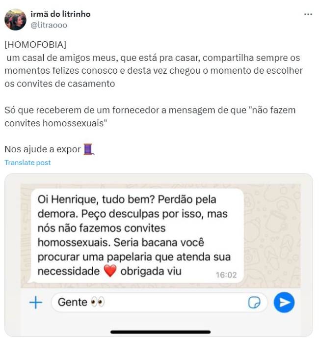 Casal tem pedido de convite de casamento negado por empresa por homofobia