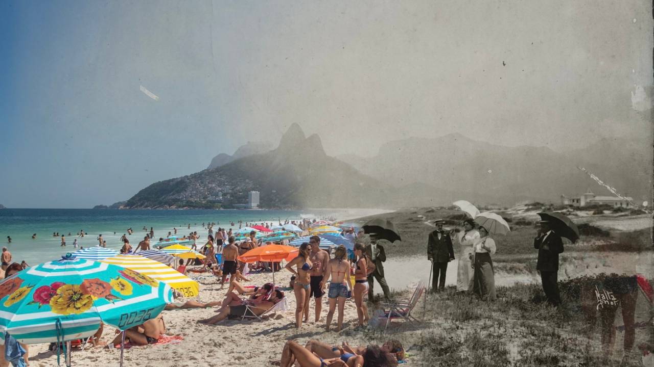 Montagem feita pelo fotógrafo Marcello Cavalcanti para o livro "Augusto Malta Revival" mistura épocas da Praia de Ipanema