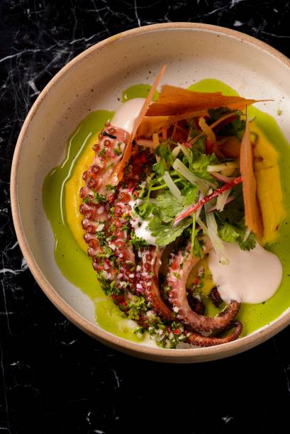 Polvo grelhado na parrilha com chimichurri com purê de batata baroa Polvo grelhado na parrilha com chimichurri com purê de batata baroa