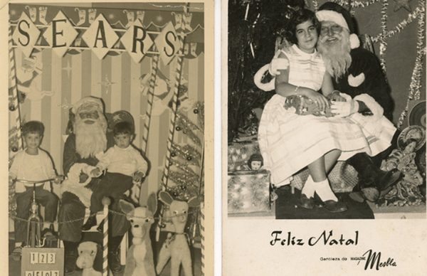 Lembrança do Papai Noel, à esquerda, na Sears, anos 1960, e, à direita, na Mesbla, anos 1970