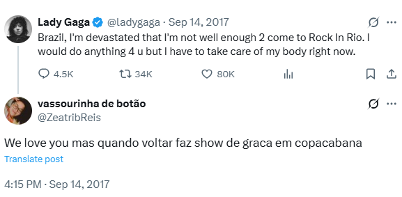 Captura de tela 2025-04-25 111657 Em 2017 fã pediu show de graça de Lady Gaga em Copacabana