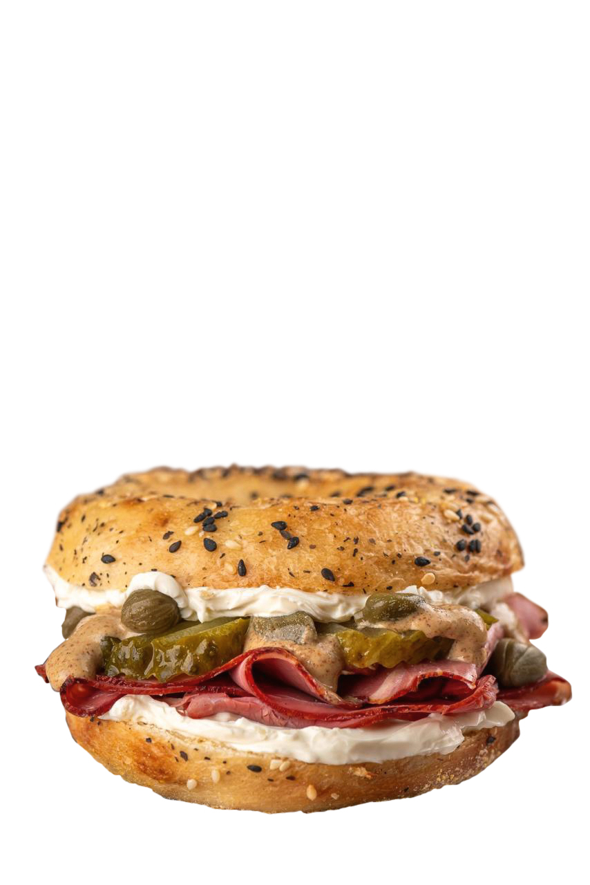 Roteiro de bagels Generosos: sanduíche com recheio de pastrami, mostarda e picles, da NY Bagels
