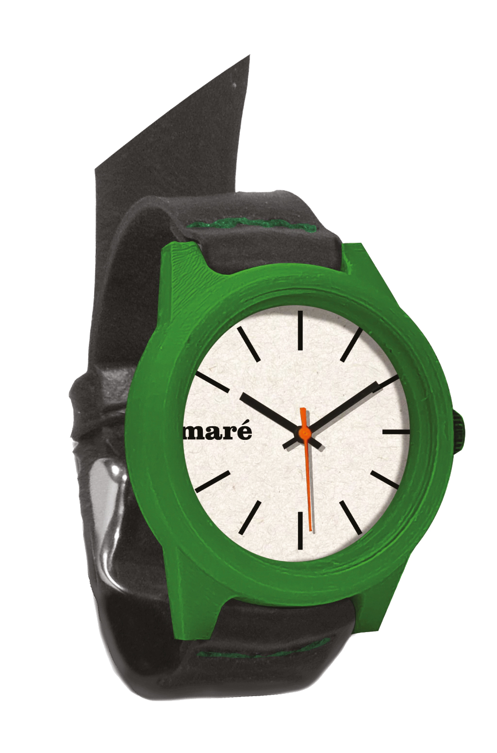 Rel&oacute;gio impresso em 3D com biopl&aacute;stico e pl&aacute;stico reciclado, e pulseira de pneu de bicicleta. Mar&eacute;, marerelogios.com. (R$ 259,00)