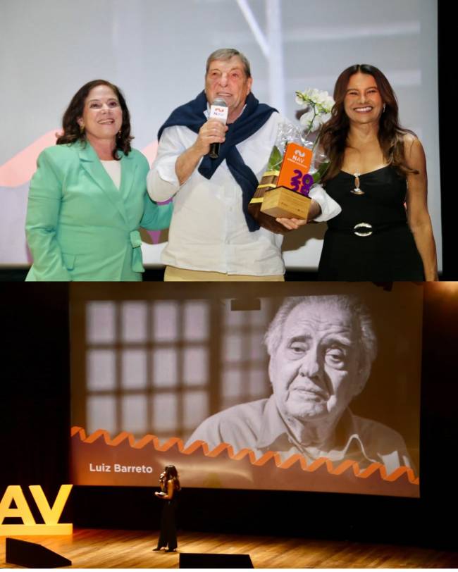 O casal Denise Pompeu de Toledo e Jean Thomas Bernardini, diretor da distribuidora Imovision e fundador do Reserva Cultural, com Dira Paes; na segunda imagem, homenagem ao cineasta Luiz Carlos Barreto