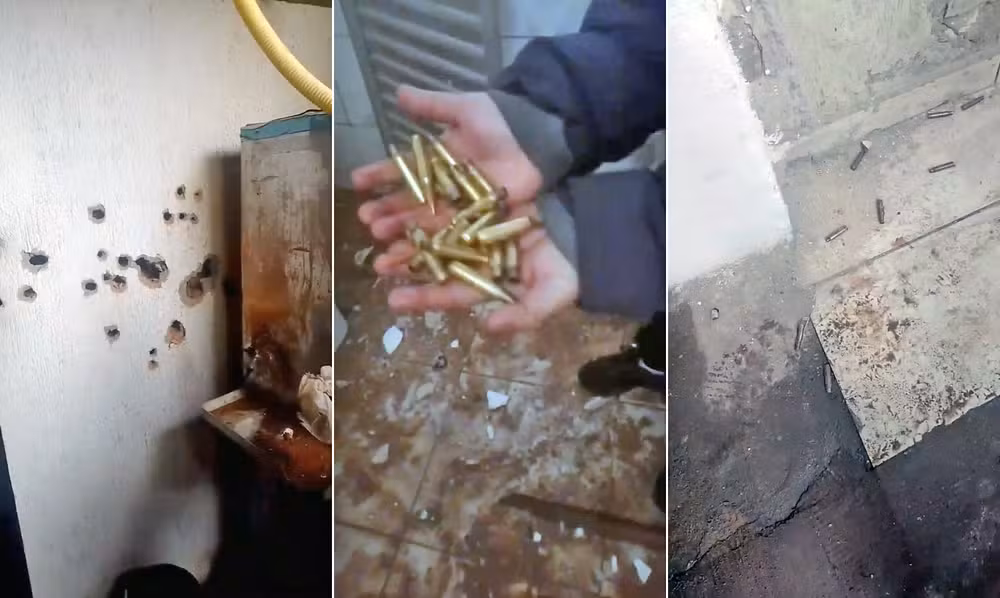 Cenário de horror: após confronto entre policiais e bandidos, igreja fica marcada por projéteis, buracos de tiro e sangue.