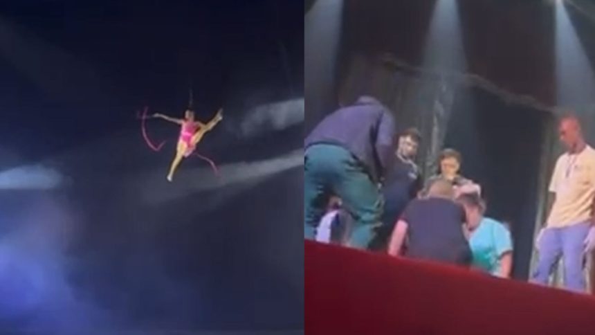 Artista circense despenca durante acrobacia aérea suspensa pelos cabelos