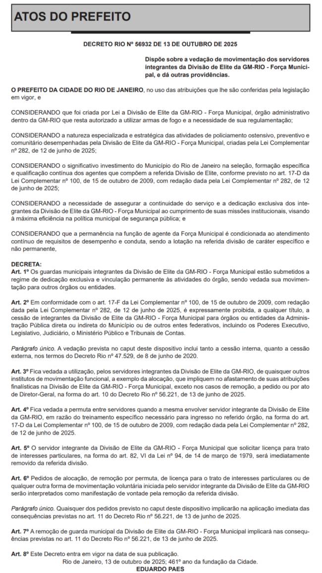 decreto-56932-forca-municipal Decreto: proíbe movimentação da Divisão de Elite da Força de Segurança Municipal para outras entidades.
