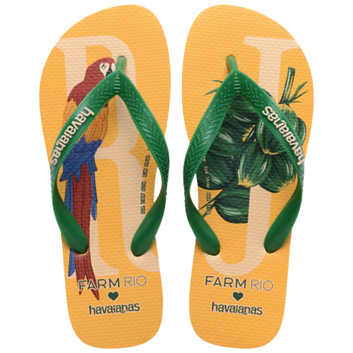 R$ 70,54 Chinelo de borracha, parceria com a Farm. Havaianas, havaianas.com.br.