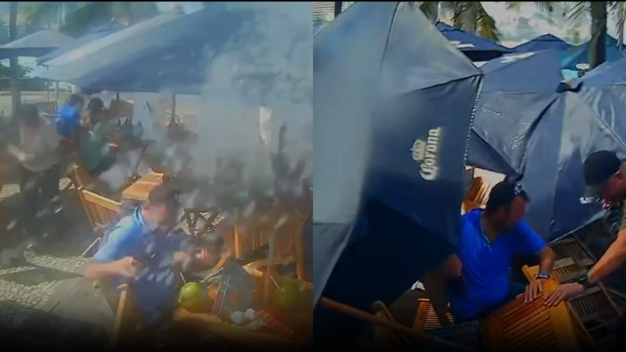 A onda leva: ressaca molha clientes e derruba guarda-sóis em quiosque no Mirante do Leblon.