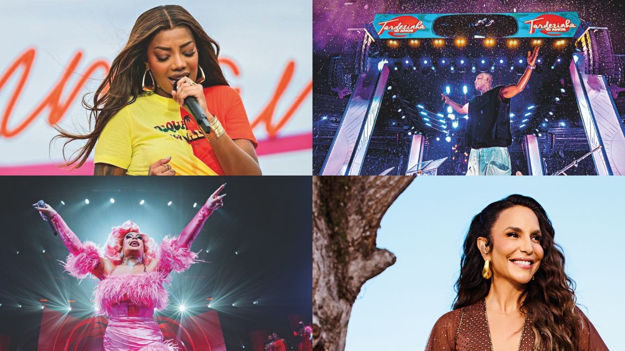 Colagem de quatro fotos: Ludmilla cantando, um homem de bra&ccedil;os abertos num palco, Gloria Groove de rosa com bra&ccedil;os erguidos e Ivete Sangalo sorrindo ao ar livre