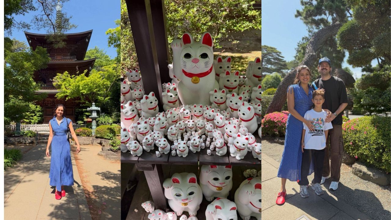 Montagem de tr&ecirc;s fotos: uma mulher sorrindo em frente a um templo japon&ecirc;s, uma prateleira cheia de gatos da sorte Maneki-Neko e uma fam&iacute;lia sorrindo em um jardim japon&ecirc;s