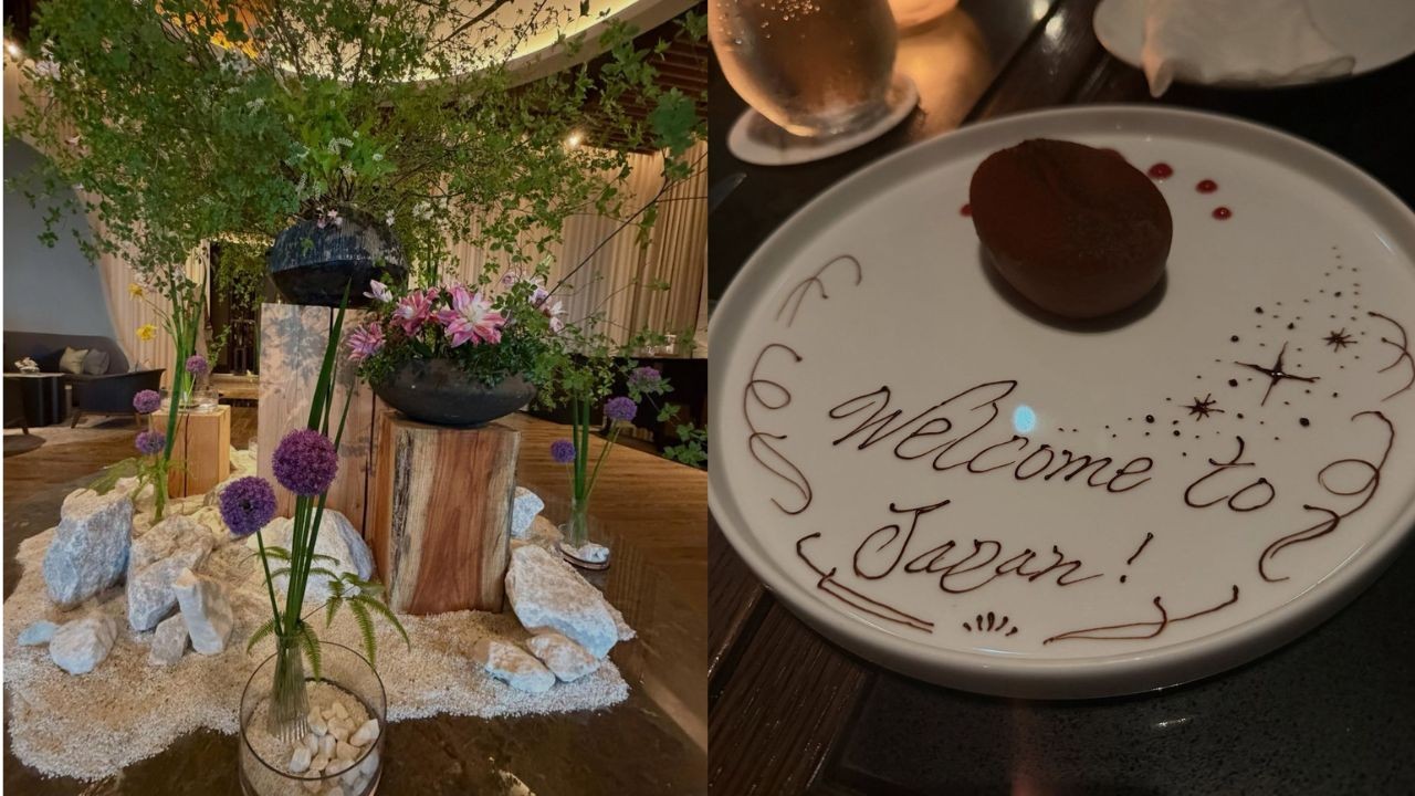 Duas imagens do luxuoso Four Seasons Hotel Tokyo at Otemachi: &agrave; esquerda, arranjo floral japon&ecirc;s com troncos, pedras e plantas verdes e roxas; &agrave; direita, prato branco com sobremesa de chocolate e a frase 