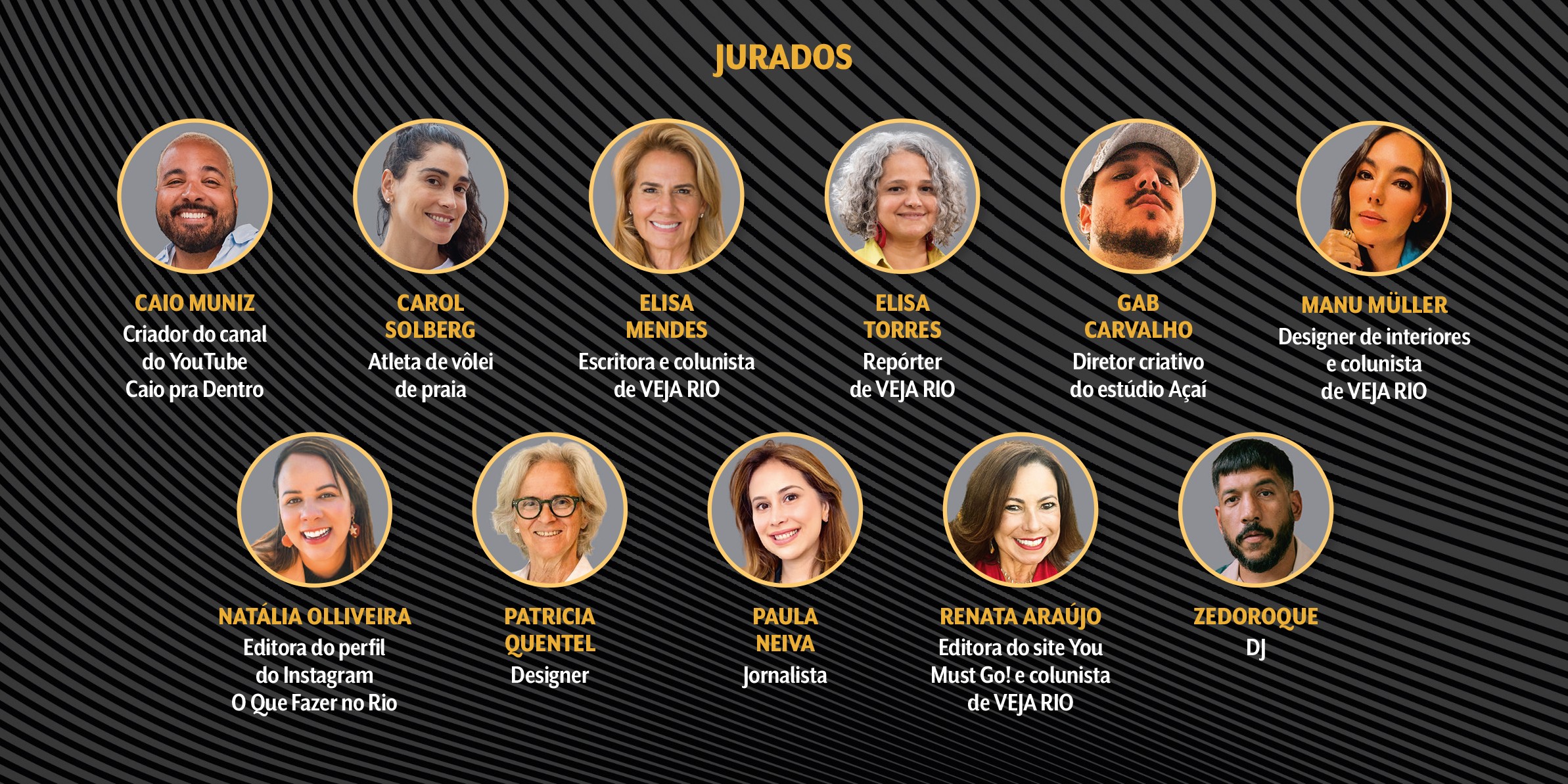 Painel com 10 fotos de jurados em c&iacute;rculos dourados, sobre fundo preto com linhas curvas. Na parte superior, cinco pessoas: Caio Muniz, Carol Solberg, Elisa Mendes, Elisa Torres e Gab Carvalho. Na parte inferior, mais cinco: Nat&aacute;lia Olliveira, Patricia Quentel, Paula Neiva, Renata Ara&uacute;jo e Zedorogue