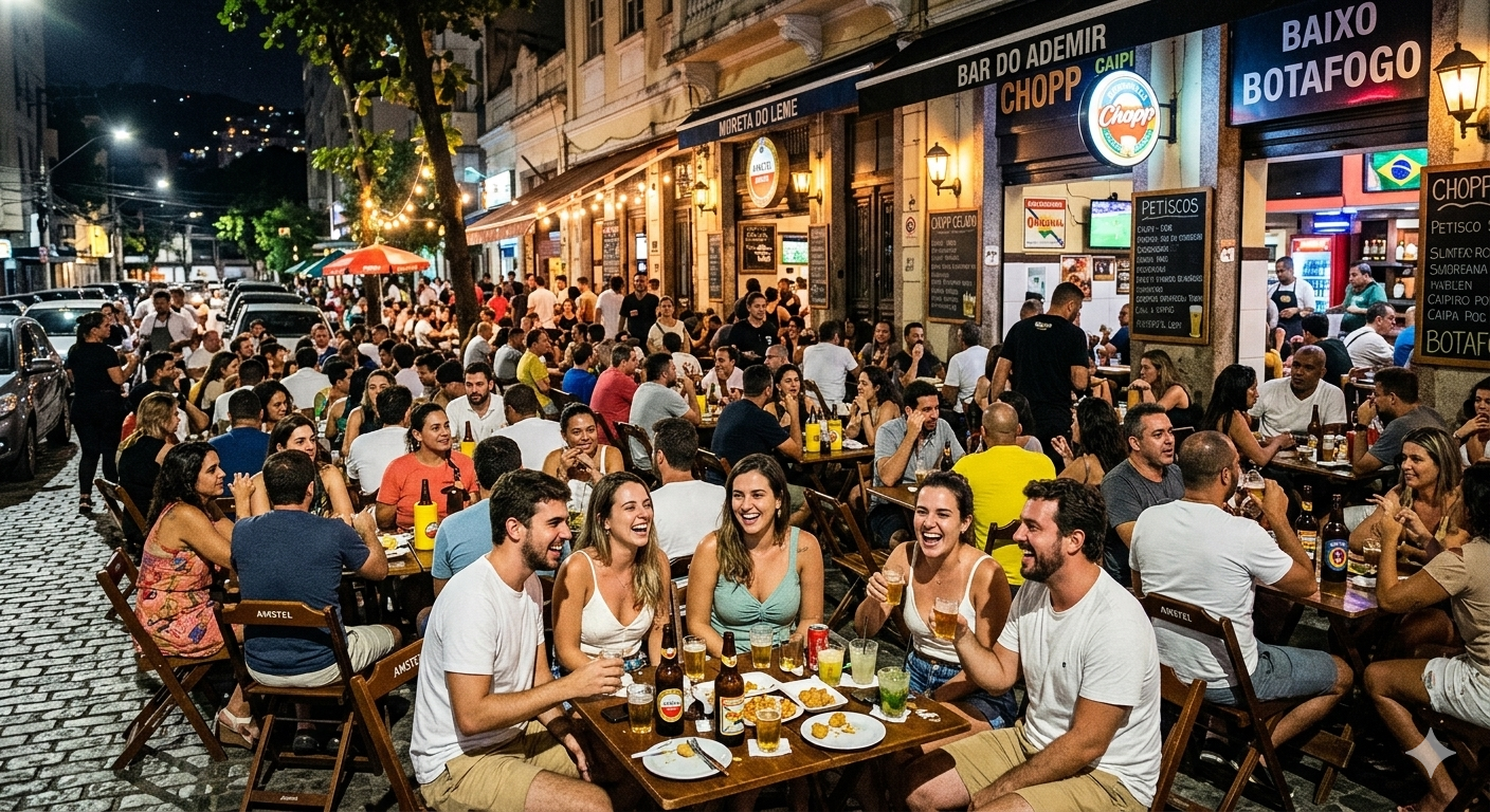 Pessoas de diversas idades sentadas em mesas de madeira na calçada de um bar movimentado à noite, com luzes penduradas e letreiros como "Bar do Ademir" e "Baixo Botafogo". Um grupo de jovens no primeiro plano ri e conversa, com bebidas e petiscos na mesa. Carros estacionados na rua de paralelepípedos ao fundo