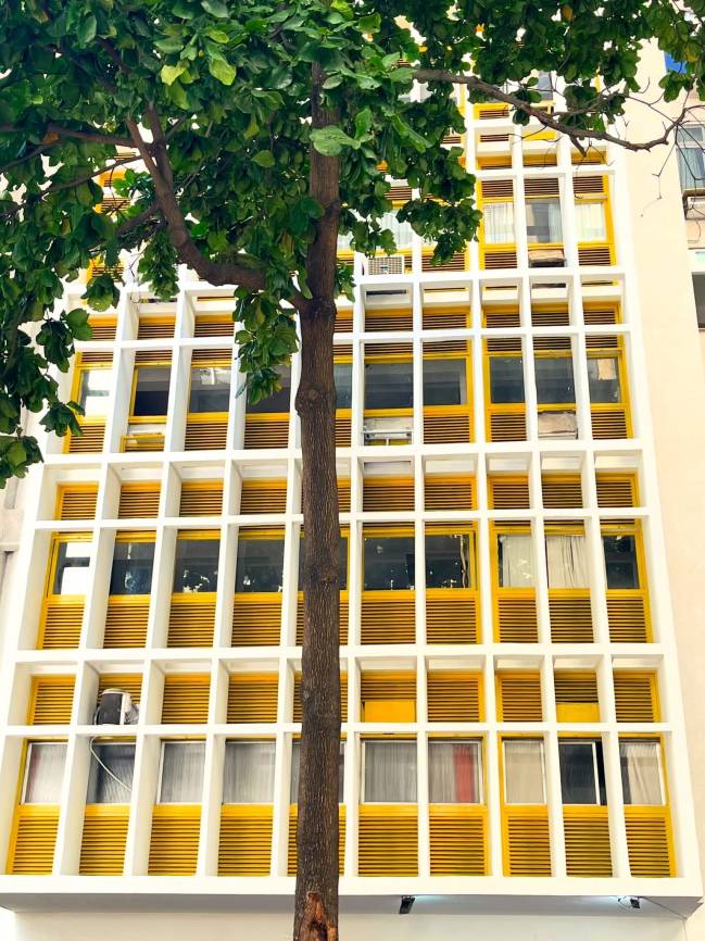 Fachada de pr&eacute;dio com janelas amarelas e brancas, emolduradas por uma &aacute;rvore de tronco marrom e folhas verdes