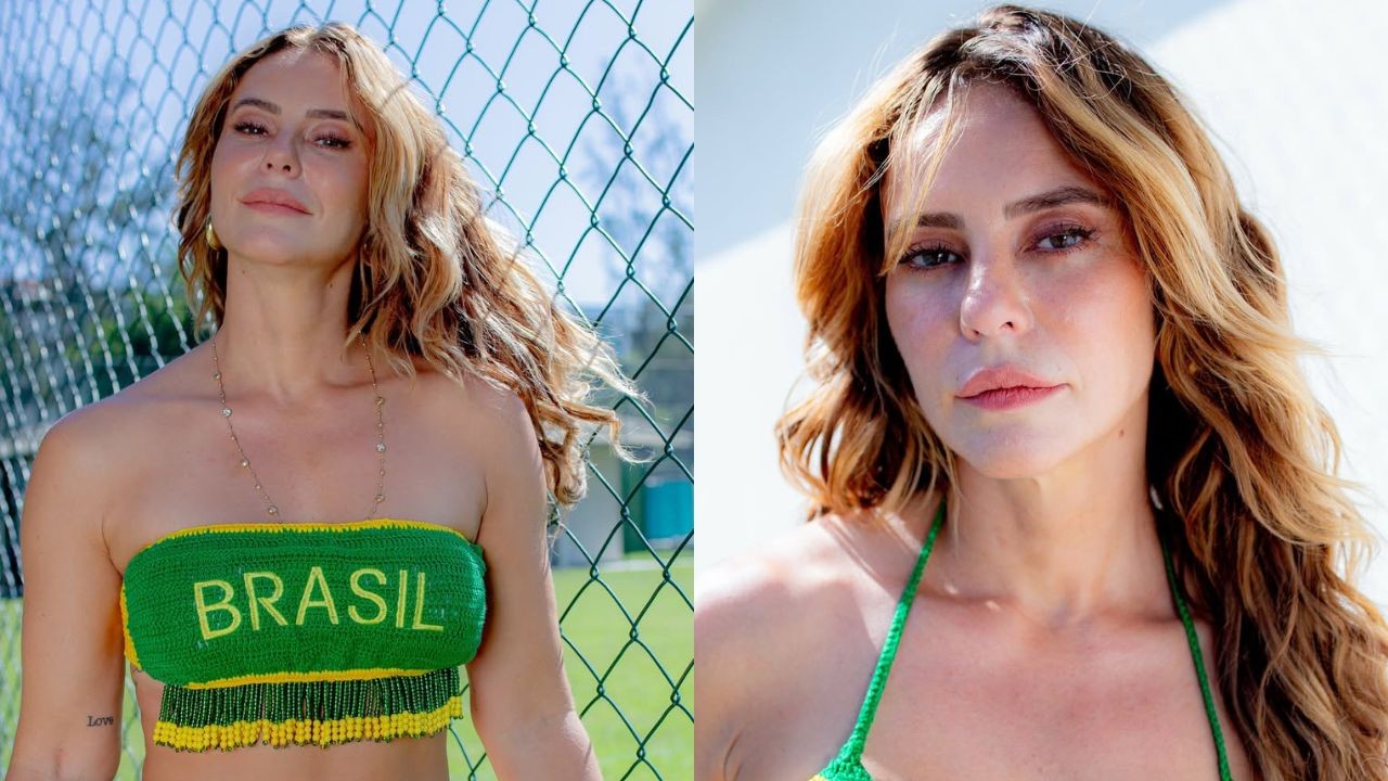 Belíssima! Paolla Oliveira posa de biquíni de crochê verde e amarelo