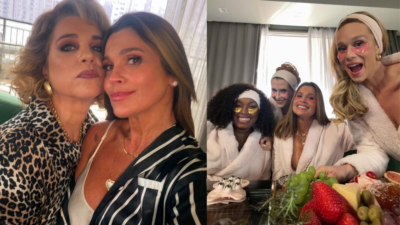 Montagem de duas fotos: &agrave; esquerda, duas mulheres sorrindo, uma com blusa de oncinha e colar dourado, a outra com blusa listrada. &Agrave; direita, cinco mulheres em roup&otilde;es brancos, algumas com m&aacute;scaras faciais, sorrindo em volta de uma mesa com frutas e petiscos