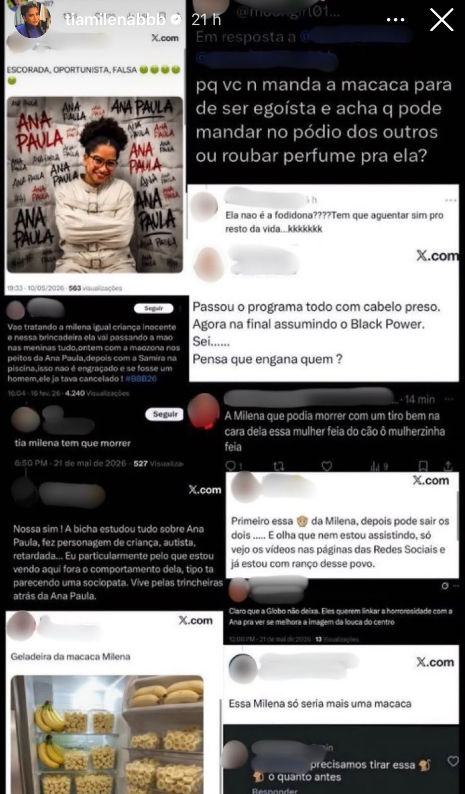 Montagem de v&aacute;rias postagens em redes sociais com coment&aacute;rios racistas e mis&oacute;ginos contra mulheres, incluindo uma foto de uma mulher negra sorrindo, vestindo uma camisa de for&ccedil;a, com o nome Ana Paula repetido ao fundo