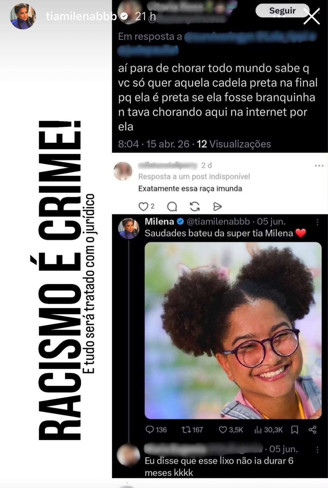 Captura de tela de um post no Instagram com a frase RACISMO &Eacute; CRIME! E tudo ser&aacute; tratado com o jur&iacute;dico em letras pretas verticais. &Agrave; direita, coment&aacute;rios racistas em um post com a foto de uma menina negra sorrindo, com &oacute;culos e cabelo preso em dois coques afro
