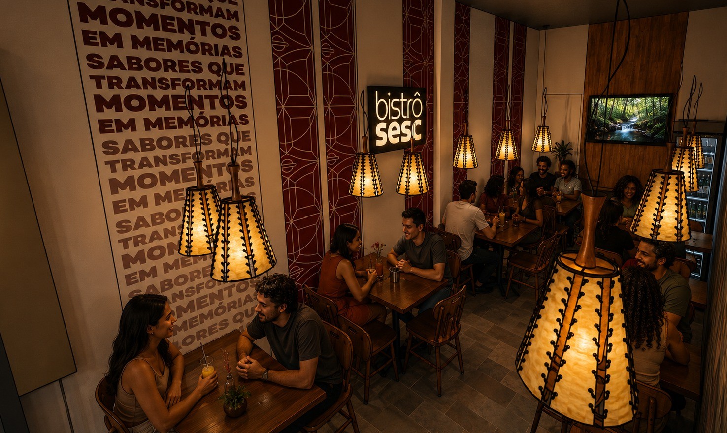 Ambiente interno de um bistr&ocirc; com pessoas sentadas em mesas de madeira, iluminado por lumin&aacute;rias pendentes de palha e um letreiro Bistr&ocirc; Sesc