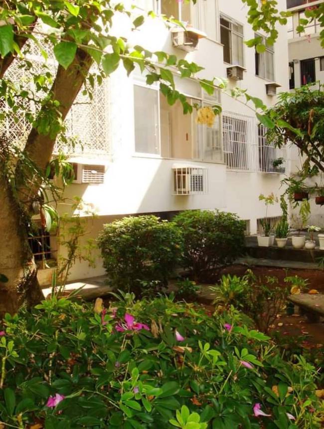 Jardim exuberante com folhagem verde e flores roxas em primeiro plano, com um pr&eacute;dio branco de m&uacute;ltiplos andares e janelas vis&iacute;veis ao fundo, sob luz solar
