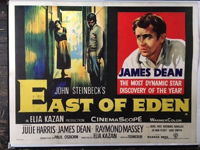P&ocirc;ster do filme East of Eden, com James Dean em destaque, olhando para o lado com express&atilde;o s&eacute;ria. &Agrave; esquerda, uma mulher de vestido longo encosta-se a uma parede, enquanto um homem a observa, ambos em tons escuros e fundo vibrante. O t&iacute;tulo EAST OF EDEN em amarelo domina a parte inferior, com cr&eacute;ditos e informa&ccedil;&otilde;es do filme em branco