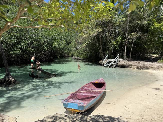 Pessoas em um rio de &aacute;guas claras e rasas, cercado por densa vegeta&ccedil;&atilde;o. Um homem e uma mulher est&atilde;o sobre um tronco submerso, e outra mulher nada ao fundo. Uma canoa vermelha e azul com um remo est&aacute; na areia clara &agrave; direita, e uma escada de madeira branca desce para a &aacute;gua. O c&eacute;u azul &eacute; vis&iacute;vel entre as folhas das &aacute;rvores